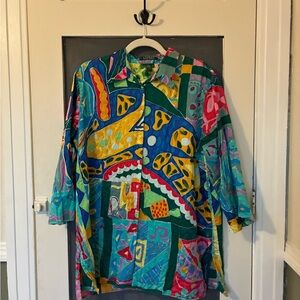 Vintage Lauren by Ralph Lauren Tunic Shirt Colorful Geometric 3/4 Sleeve